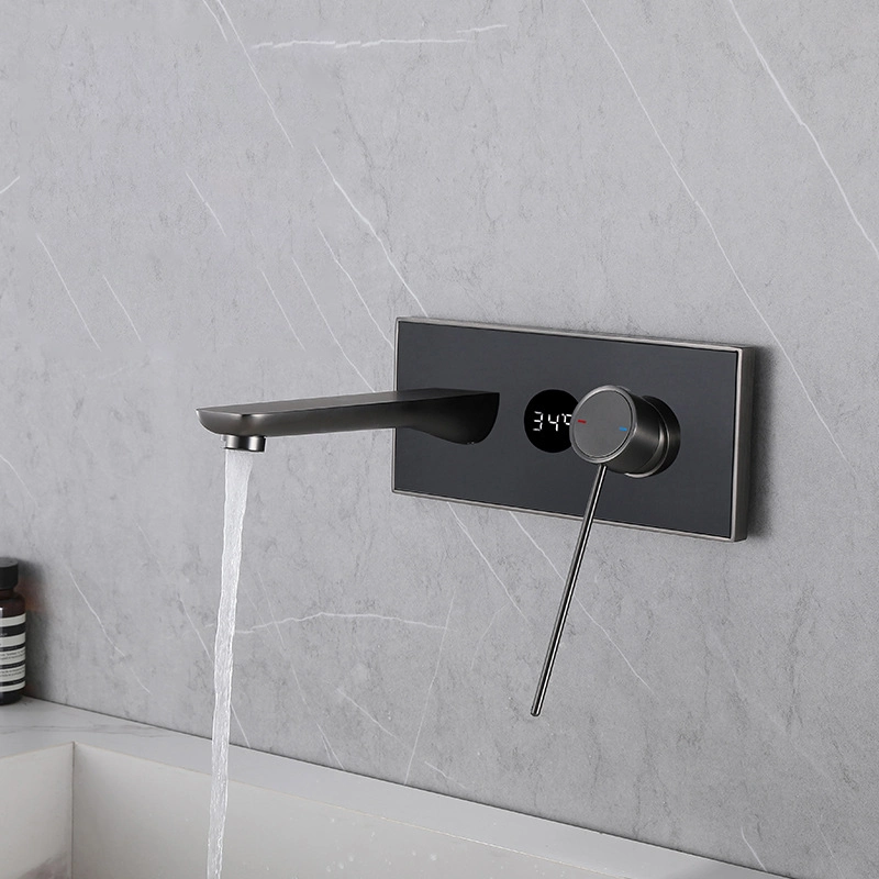 Hot and Cold Mixer Basin Faucet Wall Mounted Basin Taps Digital Display Show Gun Gray Brass Material