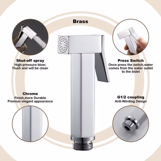 Square Chrome Bidet Spray Gun Handheld Brass Bidet Sprayer Toilet Washing Shattaf Bidet Spray